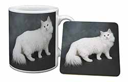White Norwegian Forest Cat Mug and Coaster Set