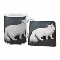 White Norwegian Forest Cat Mug and Coaster Set