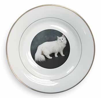 White Norwegian Forest Cat Gold Rim Plate Printed Full Colour in Gift Box