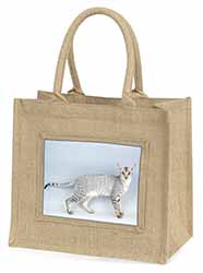 Oriental Black+Silver Cat Natural/Beige Jute Large Shopping Bag