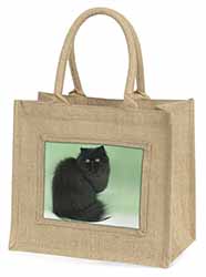 Black Persian Cat Natural/Beige Jute Large Shopping Bag