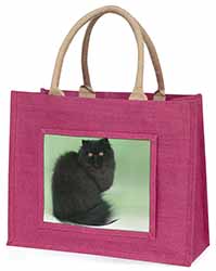 Black Persian Cat Large Pink Jute Shopping Bag