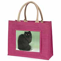 Black Persian Cat Large Pink Jute Shopping Bag