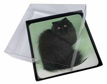 4x Black Persian Cat Picture Table Coasters Set in Gift Box