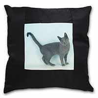 Russian Blue Cat Black Satin Feel Scatter Cushion