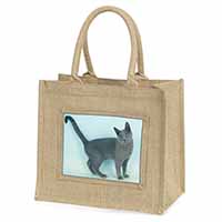 Russian Blue Cat Natural/Beige Jute Large Shopping Bag