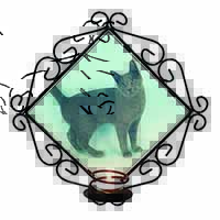 Russian Blue Cat Wrought Iron Wall Art Candle Holder