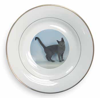 Russian Blue Cat Gold Rim Plate Printed Full Colour in Gift Box