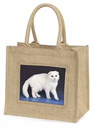 White Scottish Fold Cat Natural/Beige Jute Large Shopping Bag