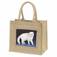 White Scottish Fold Cat Natural/Beige Jute Large Shopping Bag