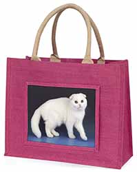 White Scottish Fold Cat Large Pink Jute Shopping Bag