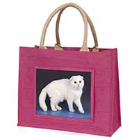 White Scottish Fold Cat Large Pink Jute Shopping Bag