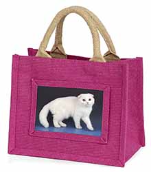 White Scottish Fold Cat Little Girls Small Pink Jute Shopping Bag
