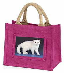 White Scottish Fold Cat Little Girls Small Pink Jute Shopping Bag