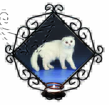 White Scottish Fold Cat Wrought Iron Wall Art Candle Holder