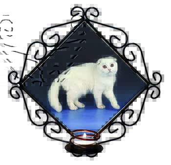 White Scottish Fold Cat Wrought Iron Wall Art Candle Holder