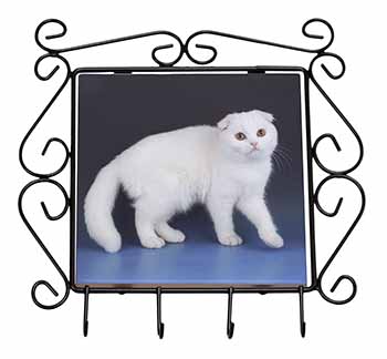 White Scottish Fold Cat Wrought Iron Key Holder Hooks