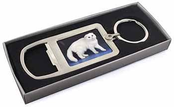 White Scottish Fold Cat Chrome Metal Bottle Opener Keyring in Box