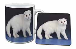 White Scottish Fold Cat Mug and Coaster Set