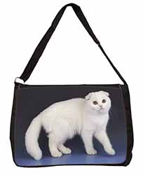 White Scottish Fold Cat Large Black Laptop Shoulder Bag School/College