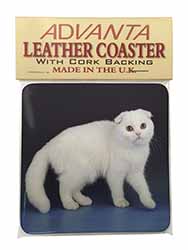 White Scottish Fold Cat Single Leather Photo Coaster