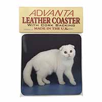 White Scottish Fold Cat Single Leather Photo Coaster