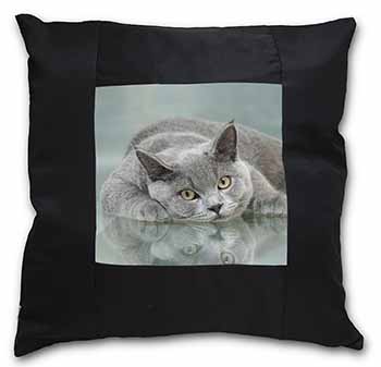 British Blue Cat Laying on Glass Black Satin Feel Scatter Cushion