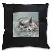 British Blue Cat Laying on Glass Black Satin Feel Scatter Cushion