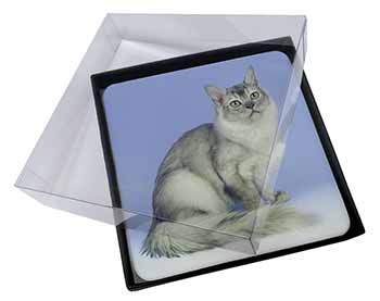 4x Silver Coat Tiffanie Cat Picture Table Coasters Set in Gift Box