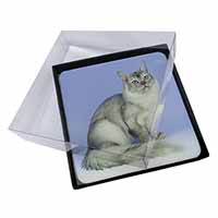 4x Silver Coat Tiffanie Cat Picture Table Coasters Set in Gift Box