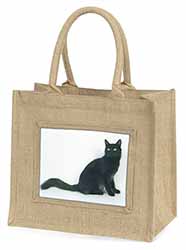 Black Turkish Angora Cat Natural/Beige Jute Large Shopping Bag