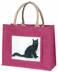 Black Turkish Angora Cat Large Pink Jute Shopping Bag
