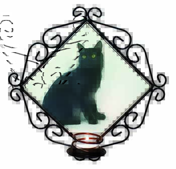 Black Turkish Angora Cat Wrought Iron Wall Art Candle Holder