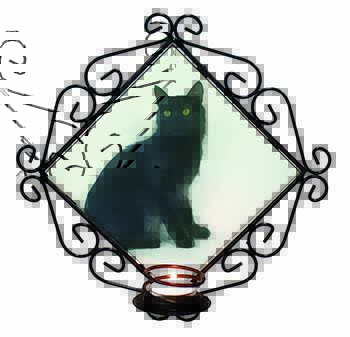 Black Turkish Angora Cat Wrought Iron Wall Art Candle Holder