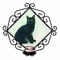 Black Turkish Angora Cat Wrought Iron Wall Art Candle Holder