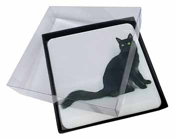 4x Black Turkish Angora Cat Picture Table Coasters Set in Gift Box