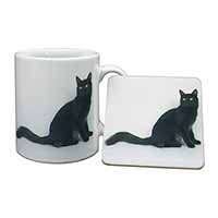 Black Turkish Angora Cat Mug and Coaster Set