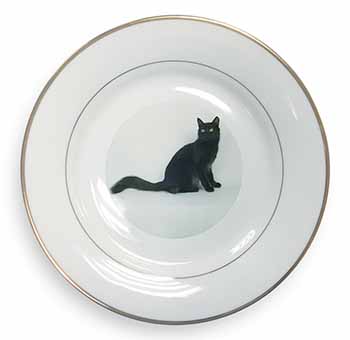 Black Turkish Angora Cat Gold Rim Plate Printed Full Colour in Gift Box