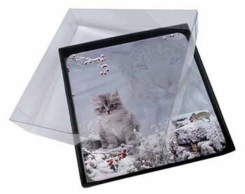 4x Spirit Cat on Kitten Watch Picture Table Coasters Set in Gift Box
