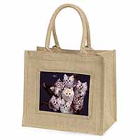 Cute Kittens+Dragonfly Natural/Beige Jute Large Shopping Bag