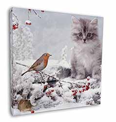 Kitten and Robin in Snow Print Square Canvas 12"x12" Wall Art Picture Print