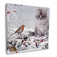 Kitten and Robin in Snow Print Square Canvas 12"x12" Wall Art Picture Print