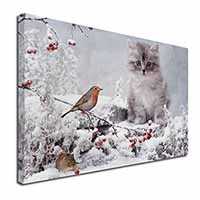 Kitten and Robin in Snow Print Canvas X-Large 30"x20" Wall Art Print