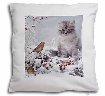 Kitten and Robin in Snow Print Soft White Velvet Feel Scatter Cushion