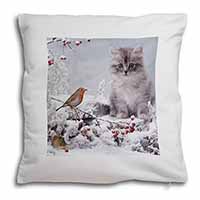 Kitten and Robin in Snow Print Soft White Velvet Feel Scatter Cushion