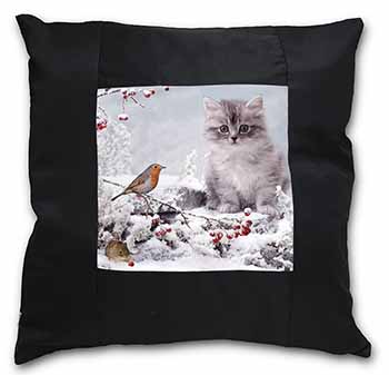 Kitten and Robin in Snow Print Black Satin Feel Scatter Cushion