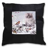 Kitten and Robin in Snow Print Black Satin Feel Scatter Cushion