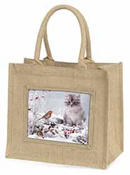Kitten and Robin in Snow Print Natural/Beige Jute Large Shopping Bag