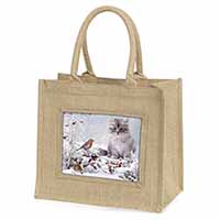 Kitten and Robin in Snow Print Natural/Beige Jute Large Shopping Bag