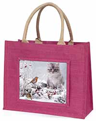 Kitten and Robin in Snow Print Large Pink Jute Shopping Bag